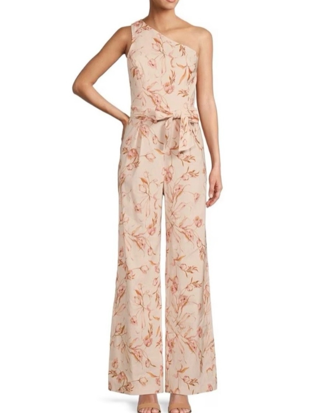 ANTONIO MELANI One-Shoulder Floral Tie-Waist Jumpsuit in Blush Floral